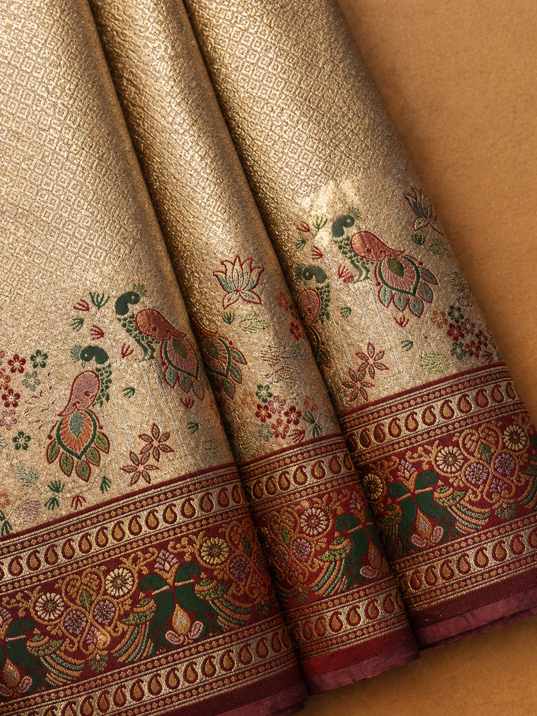 Blush Pink Soft Silk Kanjivaram Saree with Wine Meenakari Peacock and Floral Nature Border