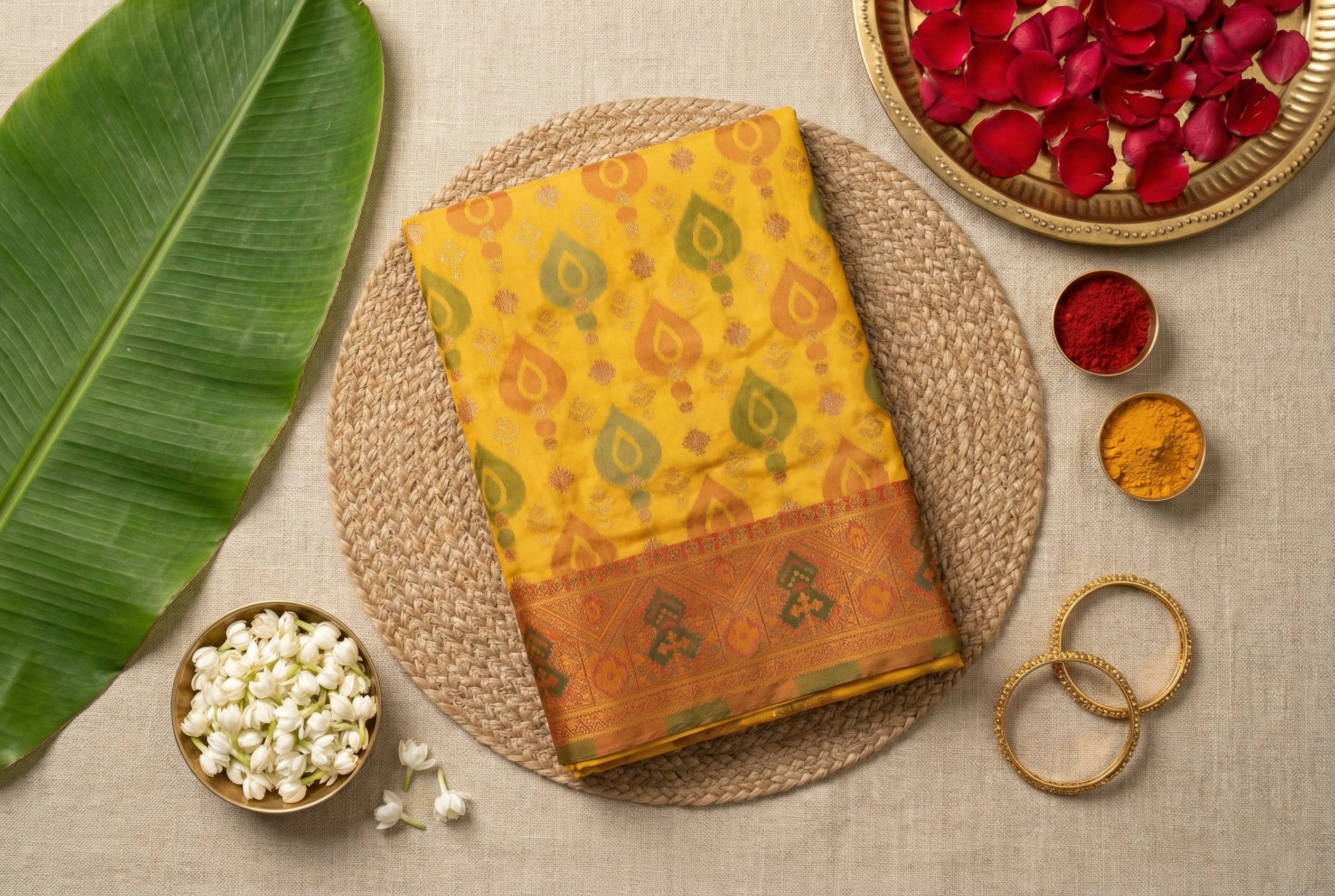 Mustard Yellow & Olive Pochampally Ikkat Silk Saree