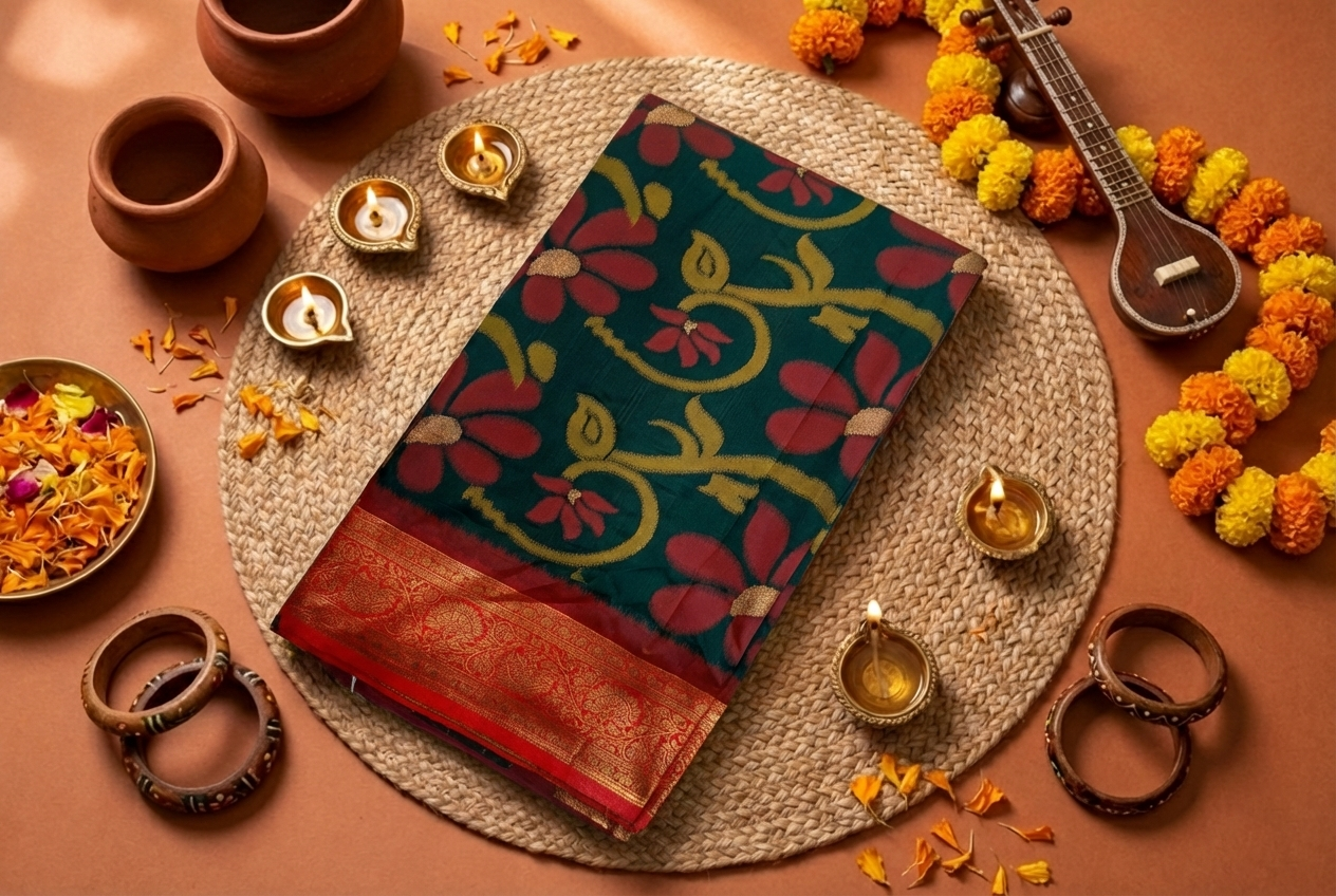 PI 09 Emerald Green & Red Zari Floral Silk Saree