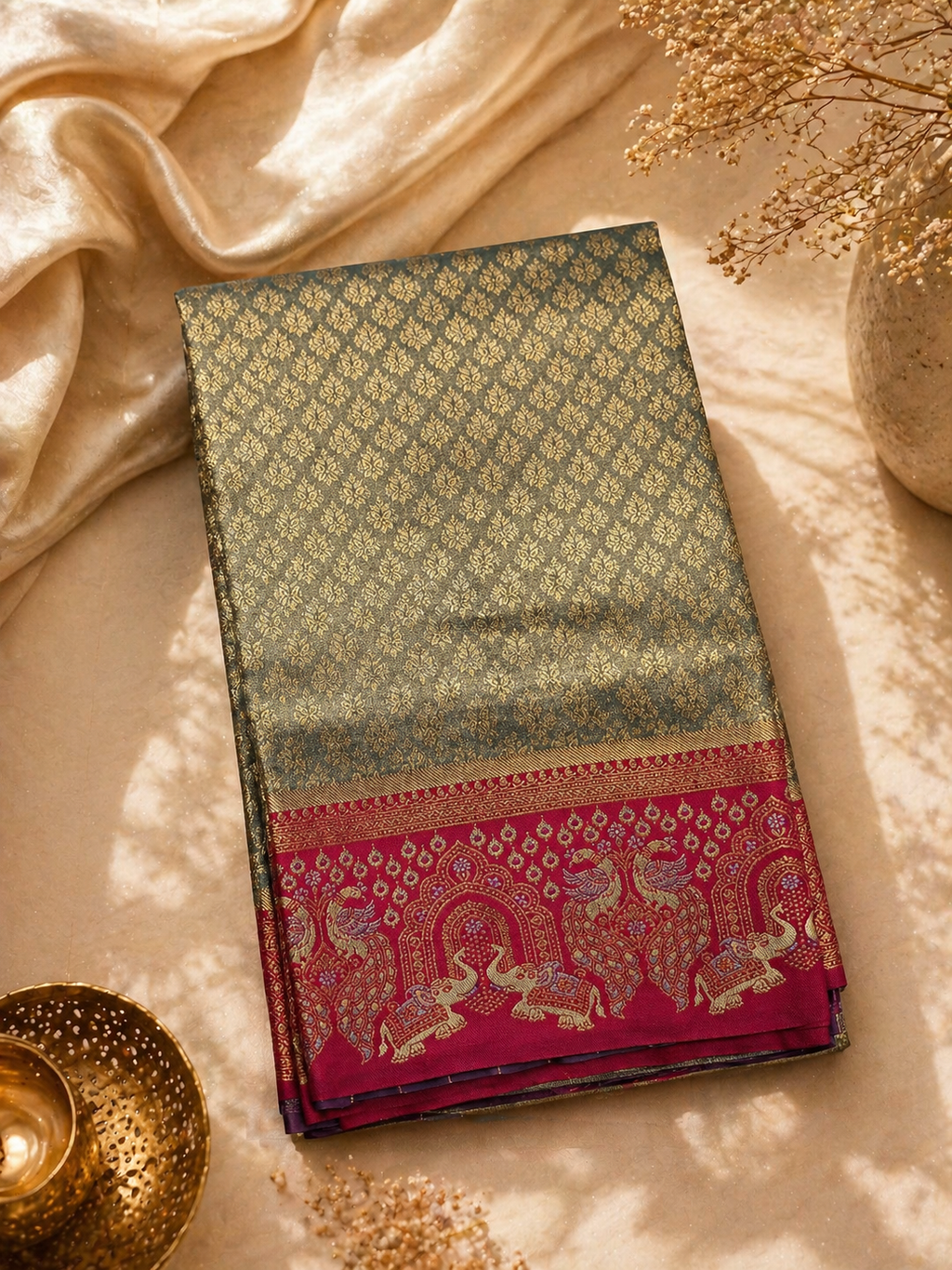 Cream Gold Soft Silk Kanjivaram Saree with Crimson Elephant & Peacock Border
