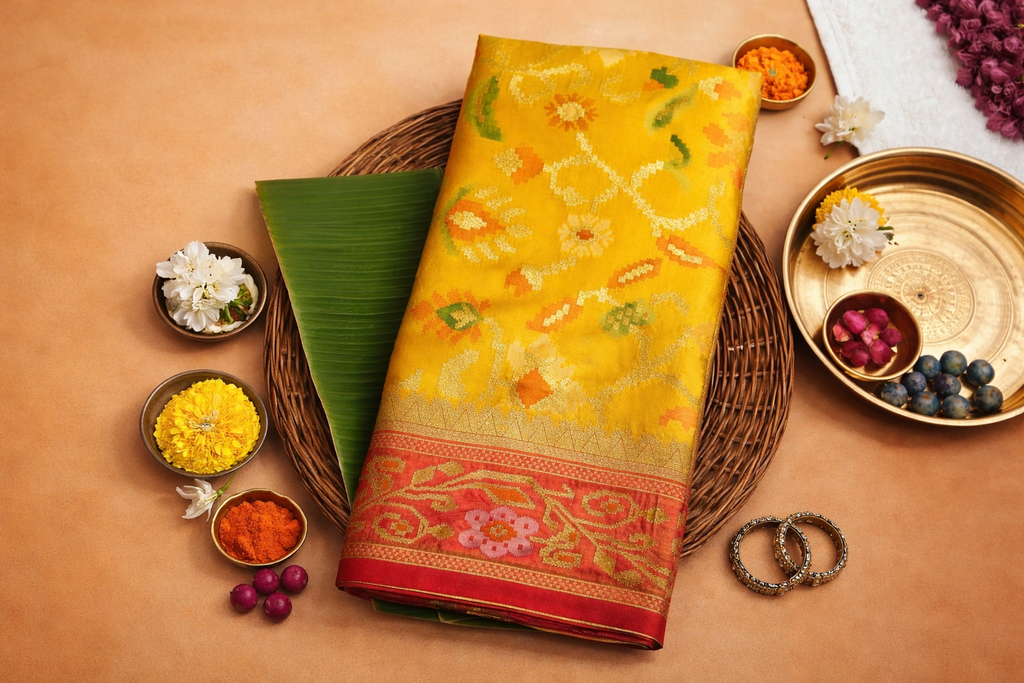 Sunshine Yellow & Red Border Pochampally Ikat Soft Silk Saree