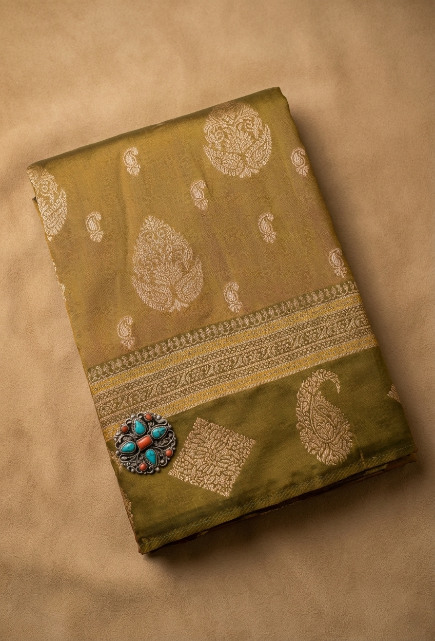 Olive Green Gold Resham Kanjivaram Silk Saree With Zari Border - No. AA2602