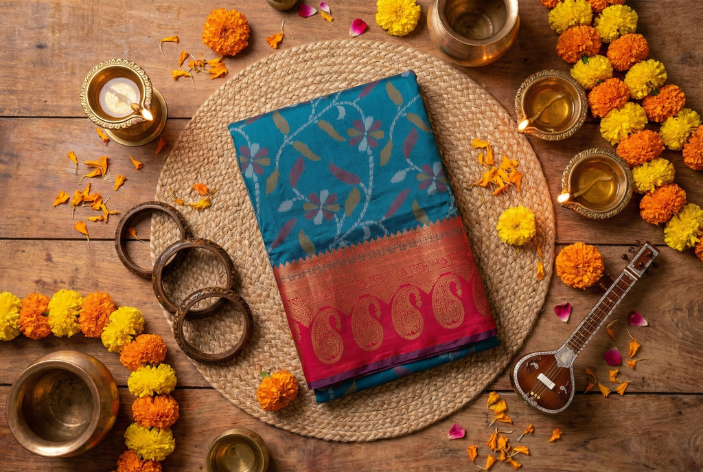 Teal Blue & Red Ikkat Woven Soft Silk Saree