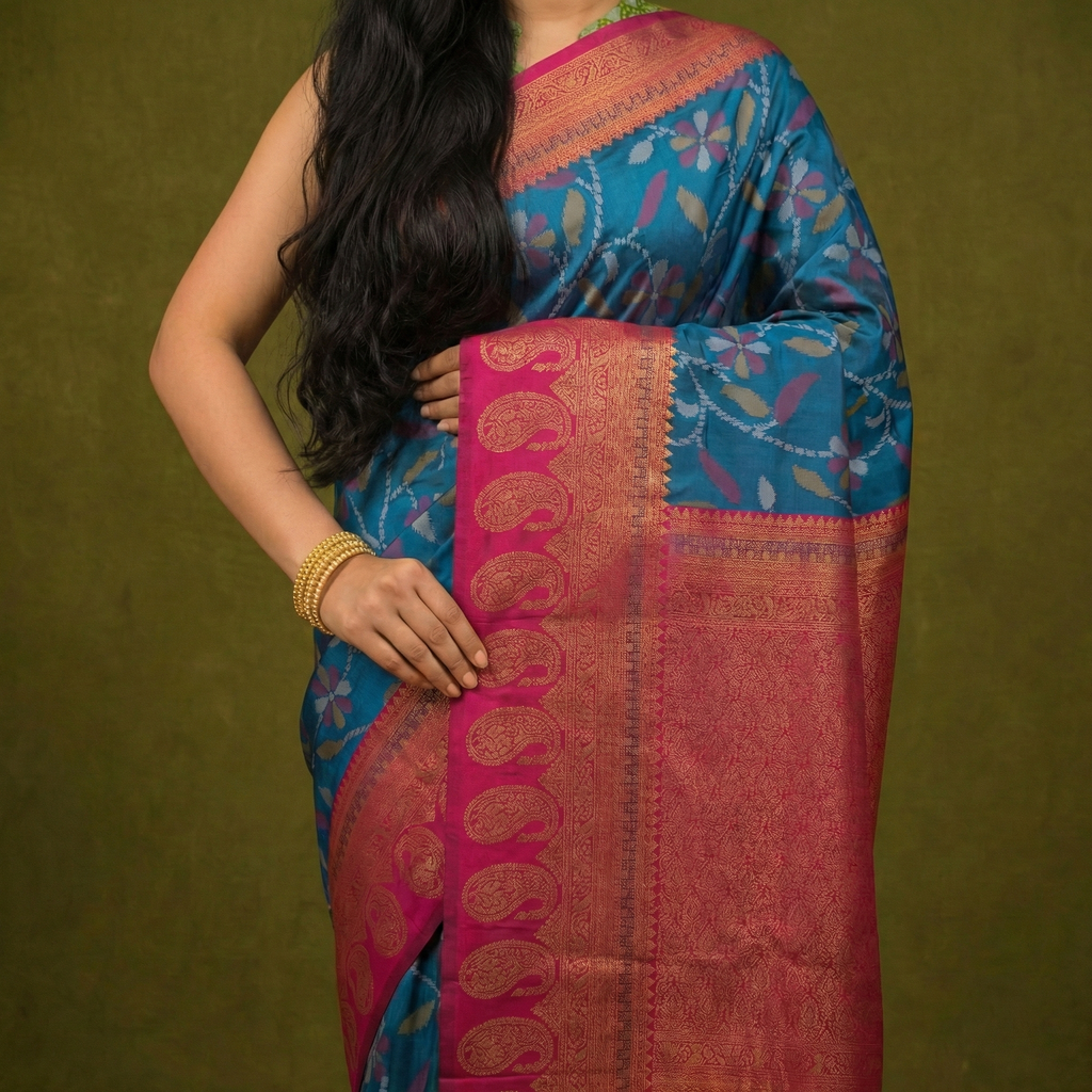 Teal Blue & Red Ikkat Woven Soft Silk Saree