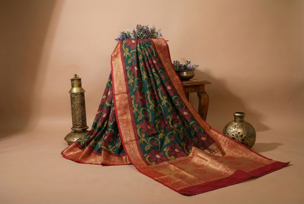 PI 09 Emerald Green & Red Zari Floral Silk Saree