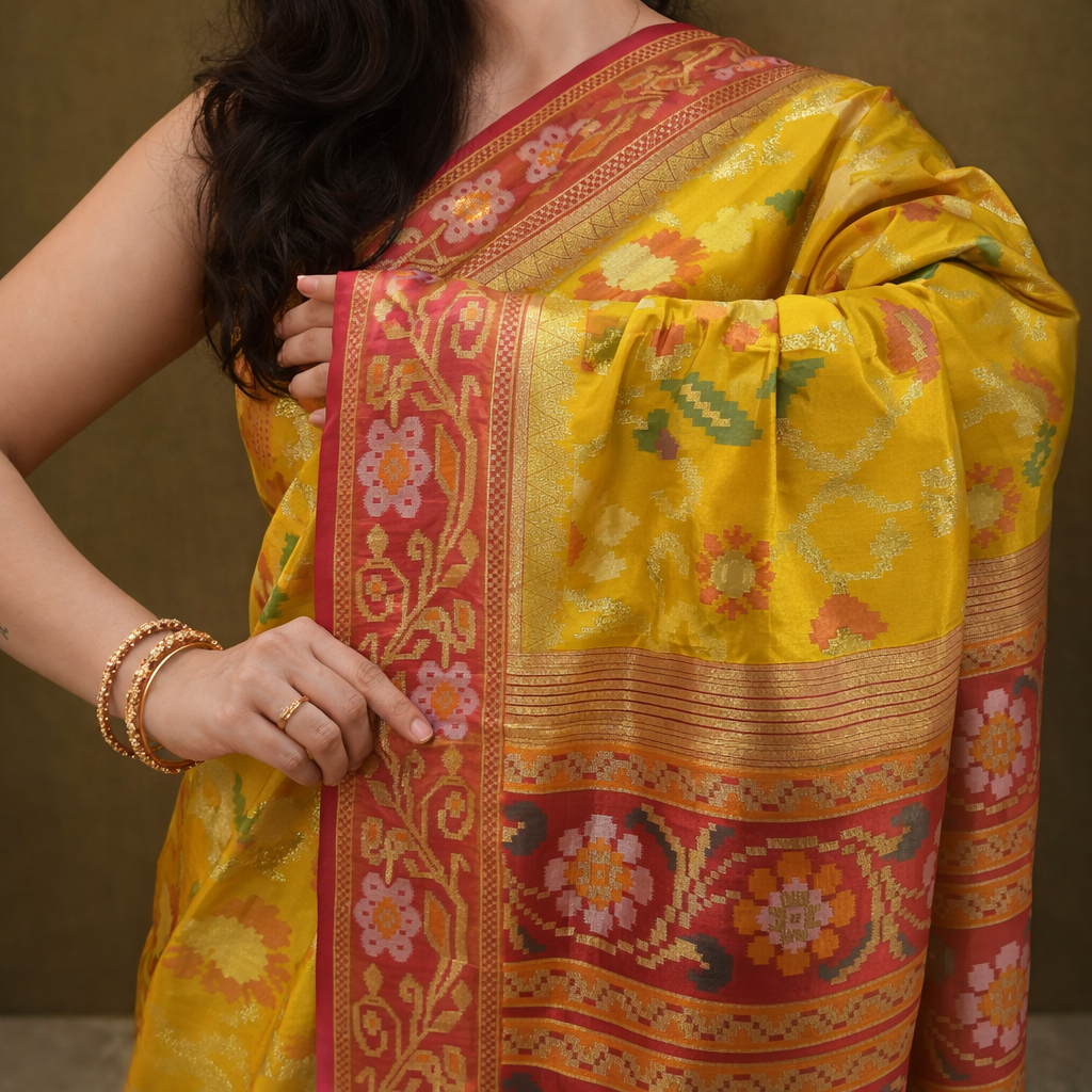 Sunshine Yellow & Red Border Pochampally Ikat Soft Silk Saree