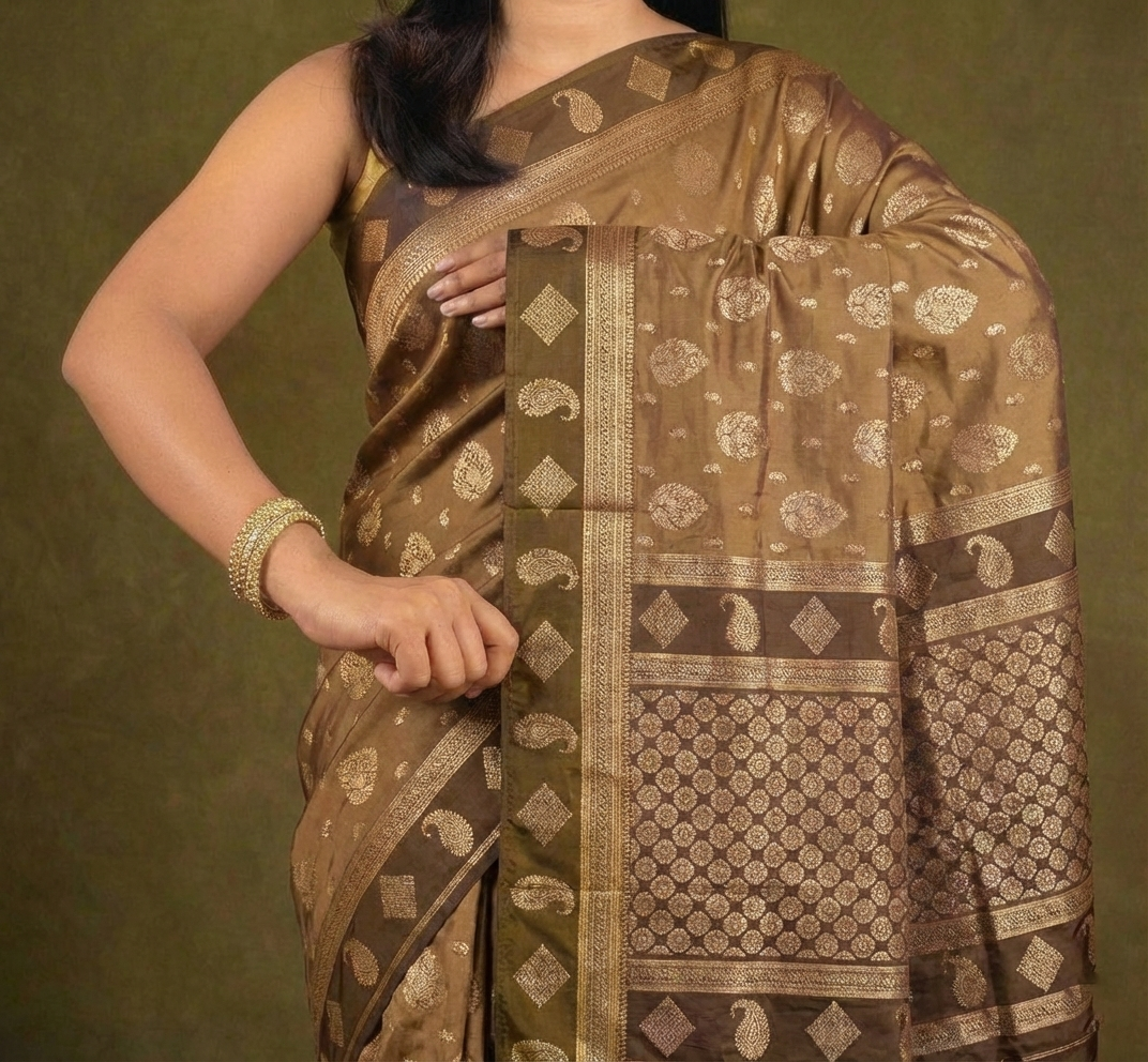 Olive Green Gold Resham Kanjivaram Silk Saree With Zari Border - No. AA2602