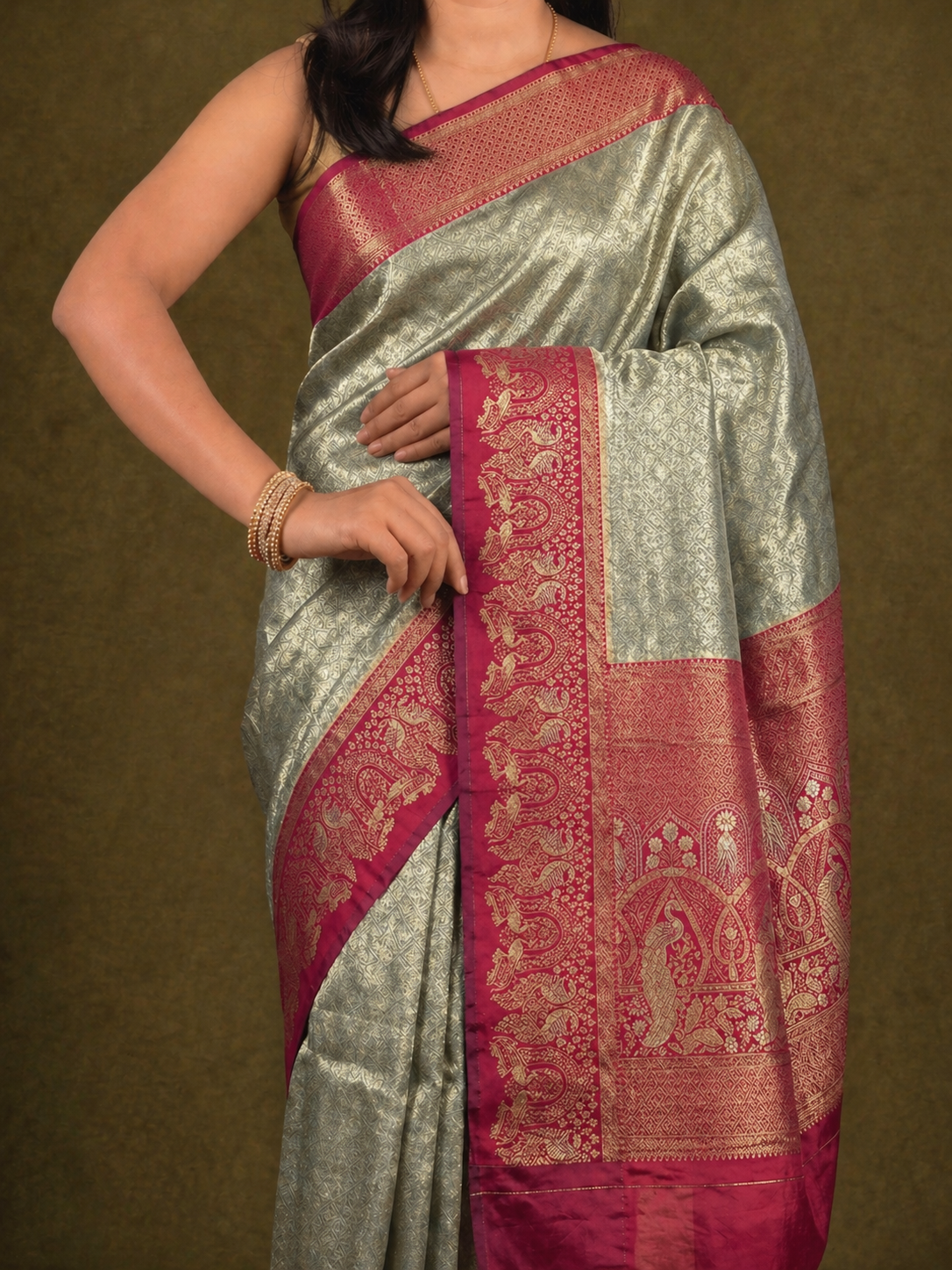 Cream Gold Soft Silk Kanjivaram Saree with Crimson Elephant & Peacock Border