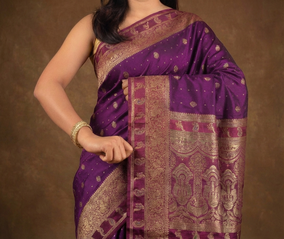 Royal Plum Resham Silk Saree with Rani Zari Border