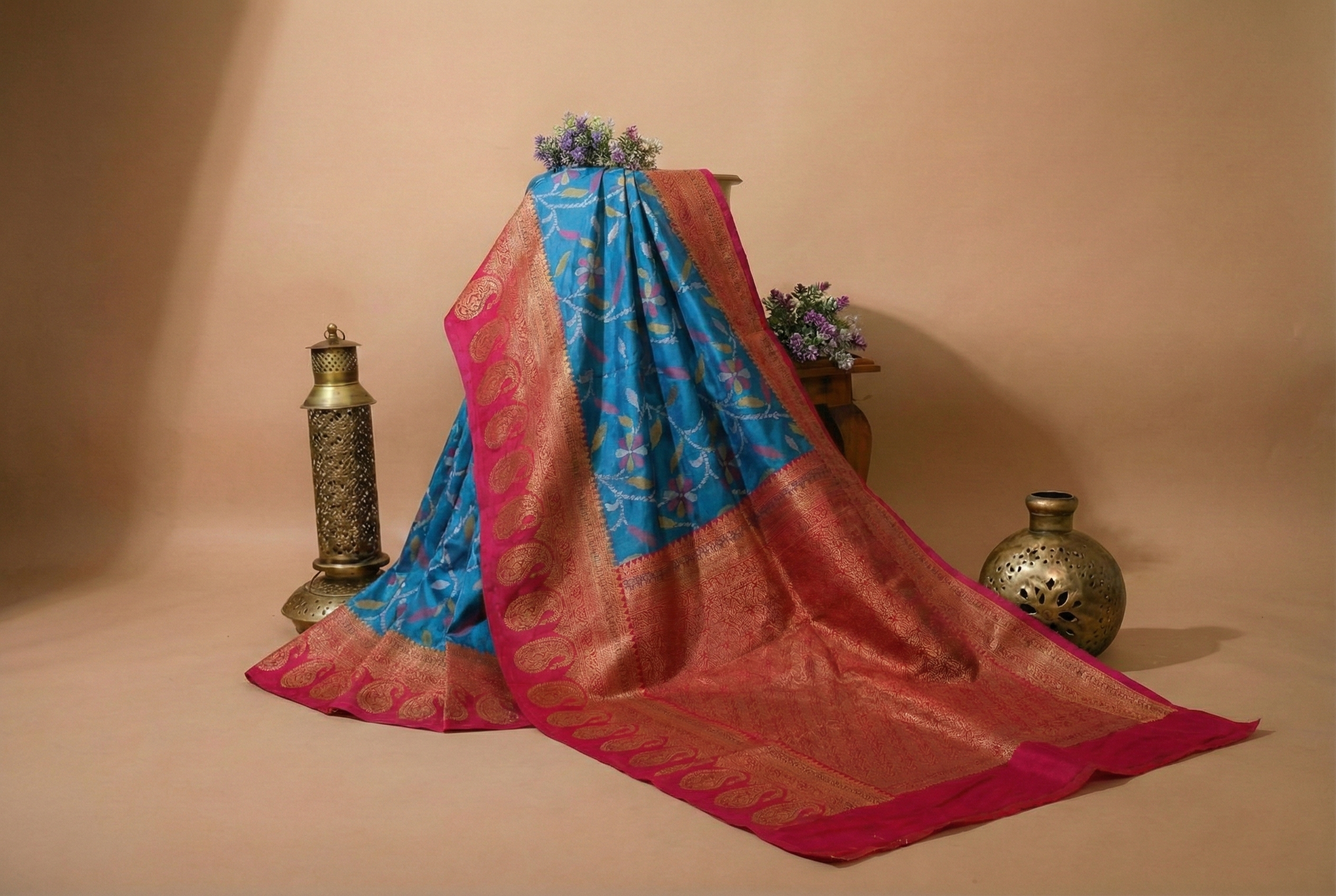 Teal Blue & Red Ikkat Woven Soft Silk Saree