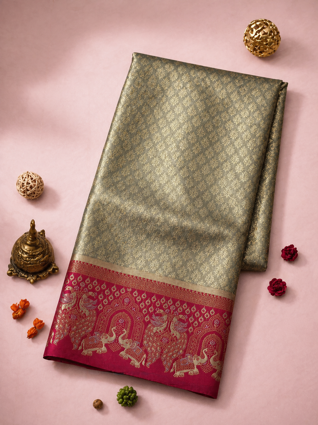 Slate Green Soft Silk Kanjivaram Saree with Crimson Elephant & Peacock Border