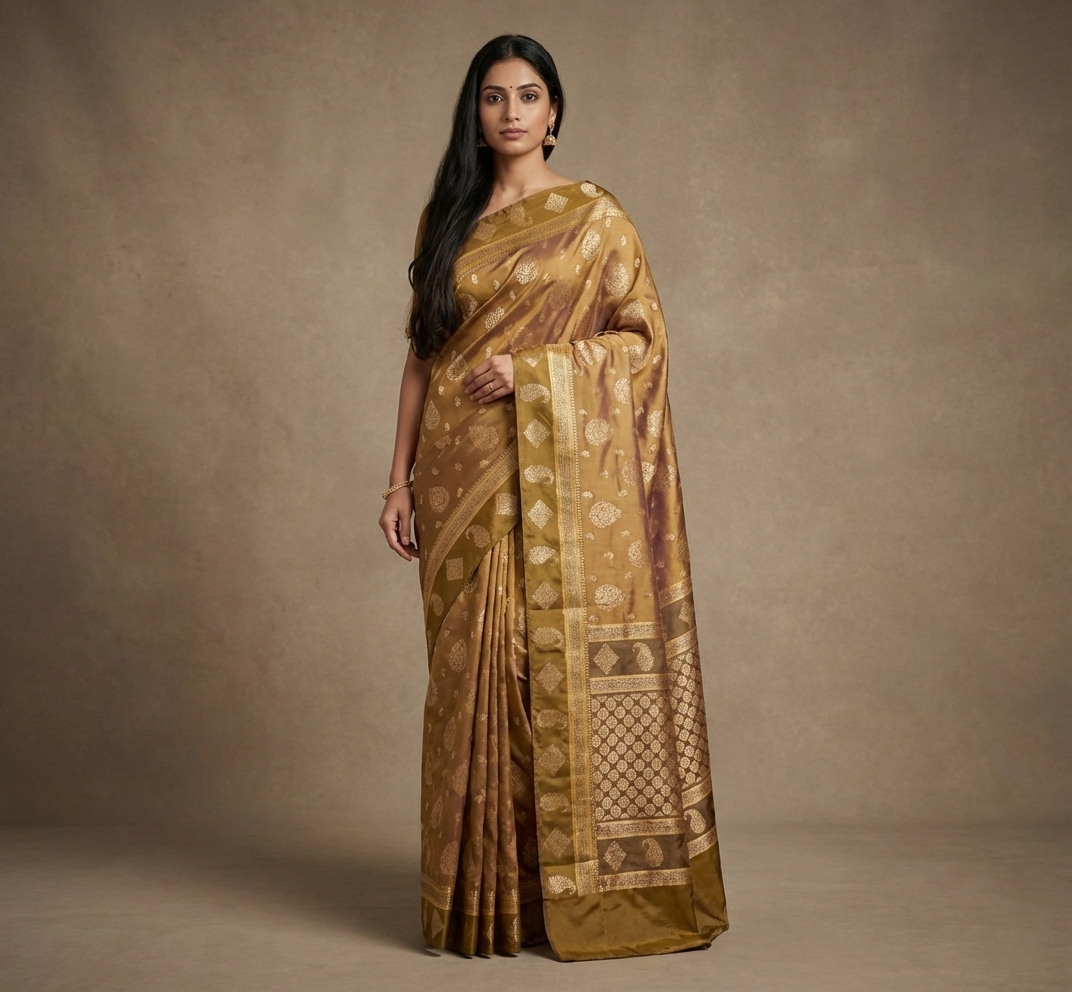 Olive Green Gold Resham Kanjivaram Silk Saree With Zari Border - No. AA2602