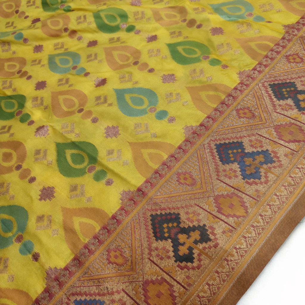 Mustard Yellow & Olive Pochampally Ikkat Silk Saree