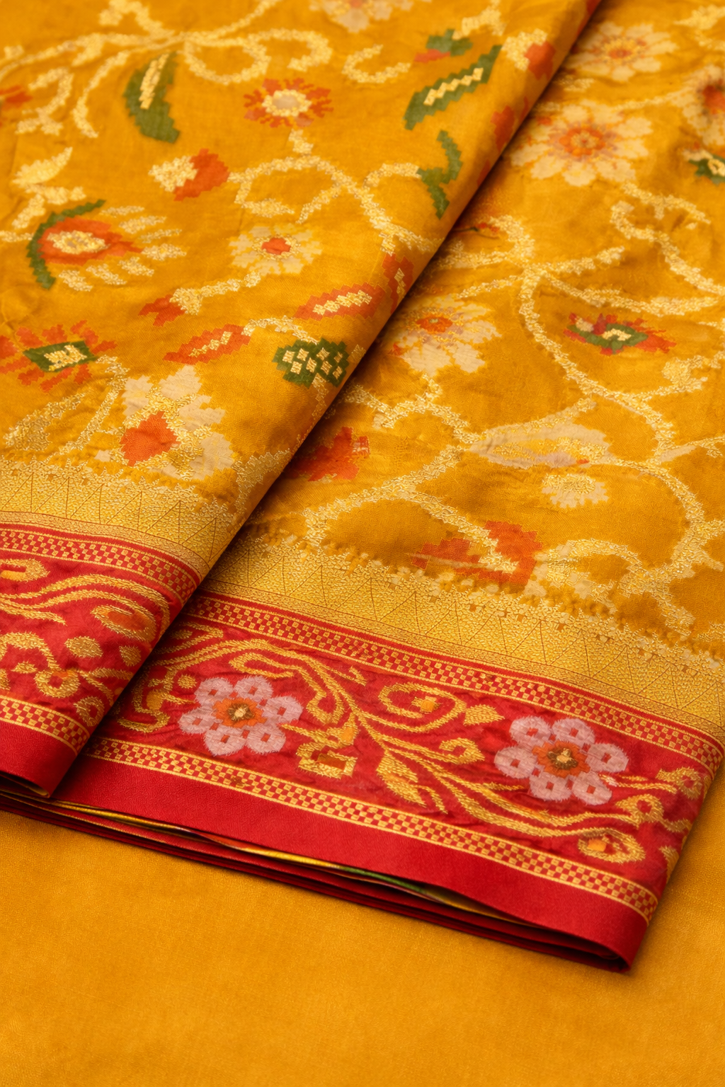 Sunshine Yellow & Red Border Pochampally Ikat Soft Silk Saree