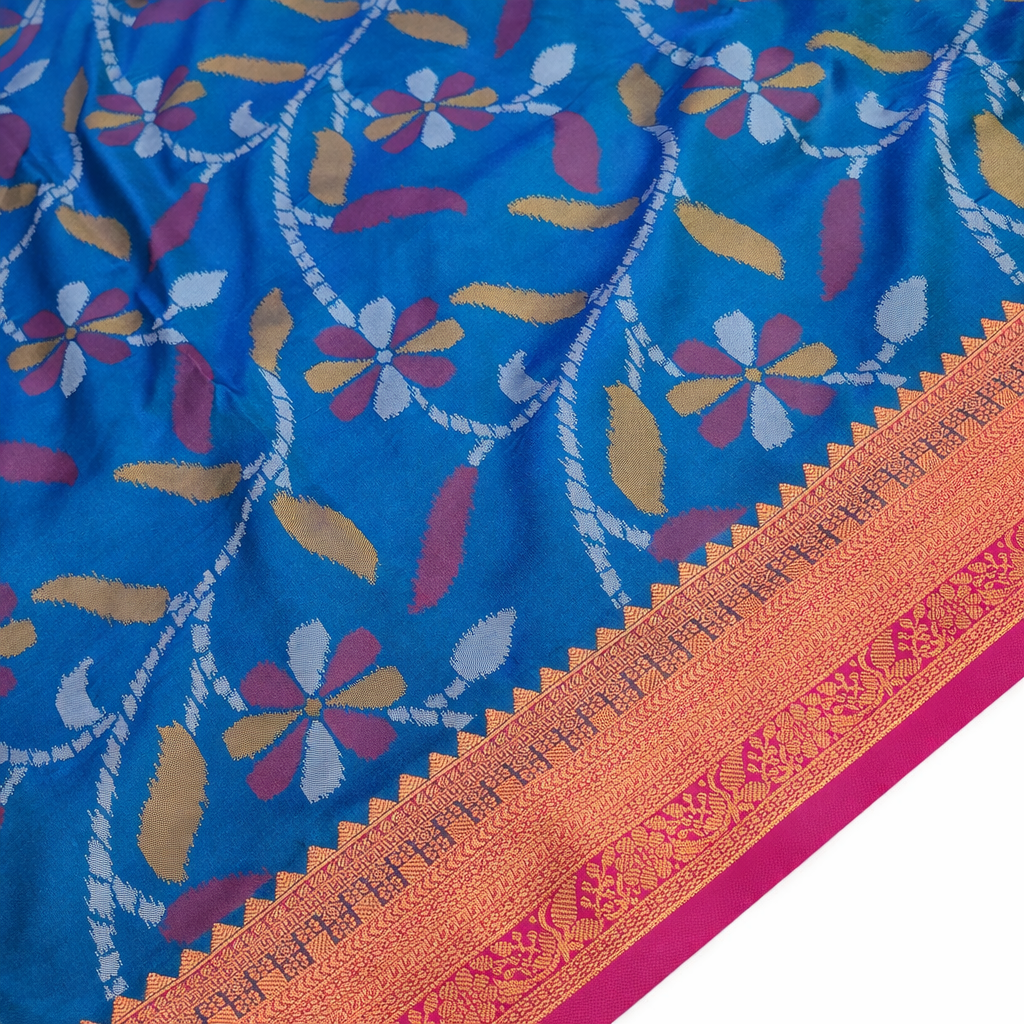 Teal Blue & Red Ikkat Woven Soft Silk Saree