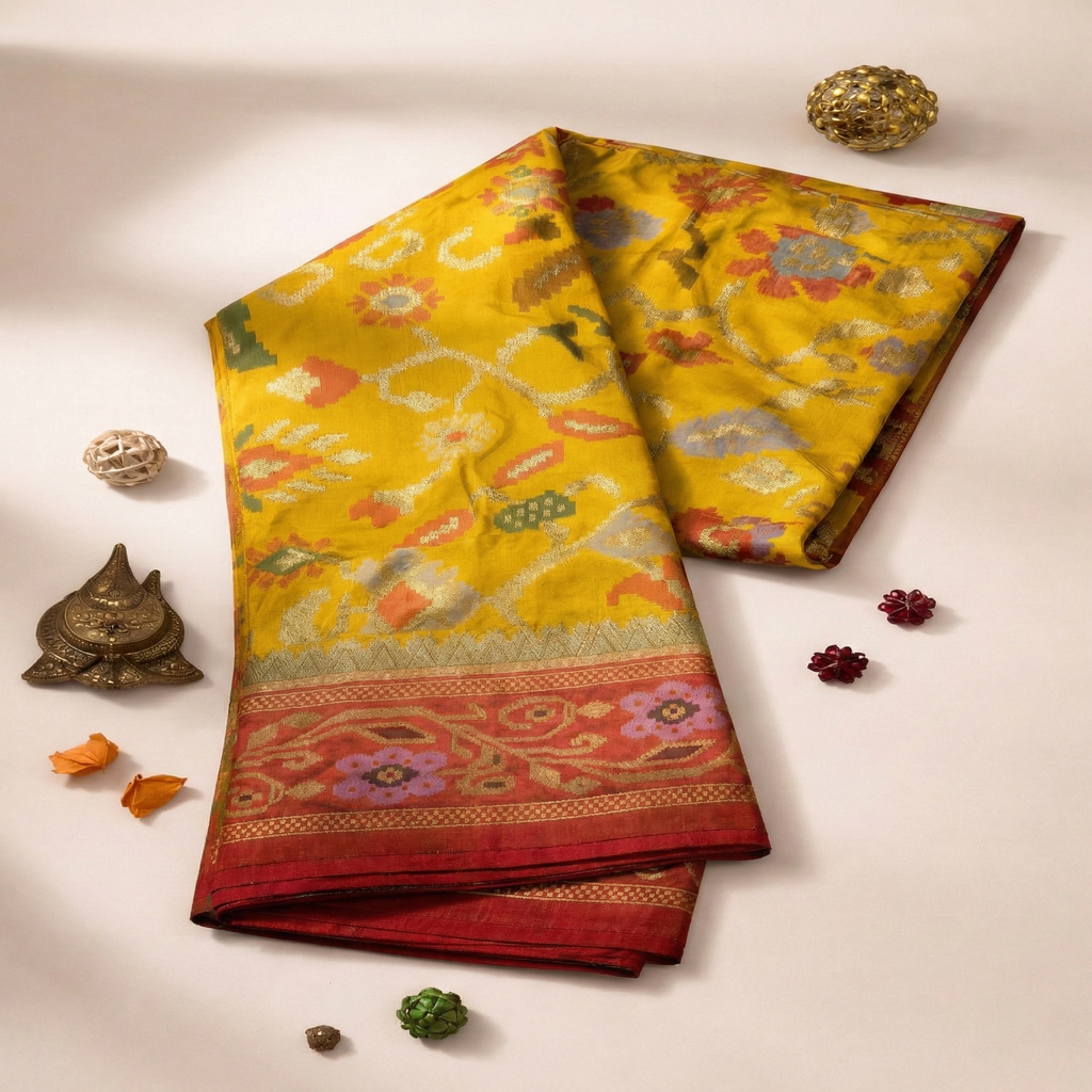 Sunshine Yellow & Red Border Pochampally Ikat Soft Silk Saree