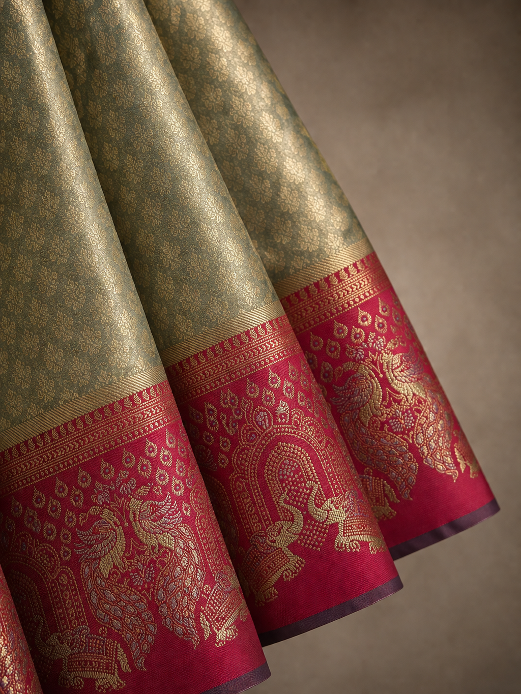 Cream Gold Soft Silk Kanjivaram Saree with Crimson Elephant & Peacock Border