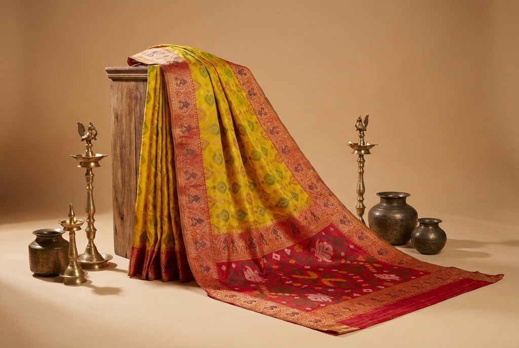 Mustard Yellow & Olive Pochampally Ikkat Silk Saree