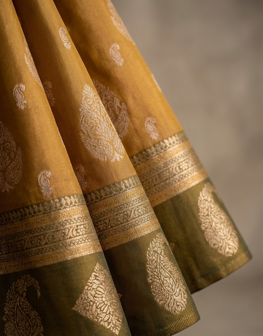 Olive Green Gold Resham Kanjivaram Silk Saree With Zari Border - No. AA2602