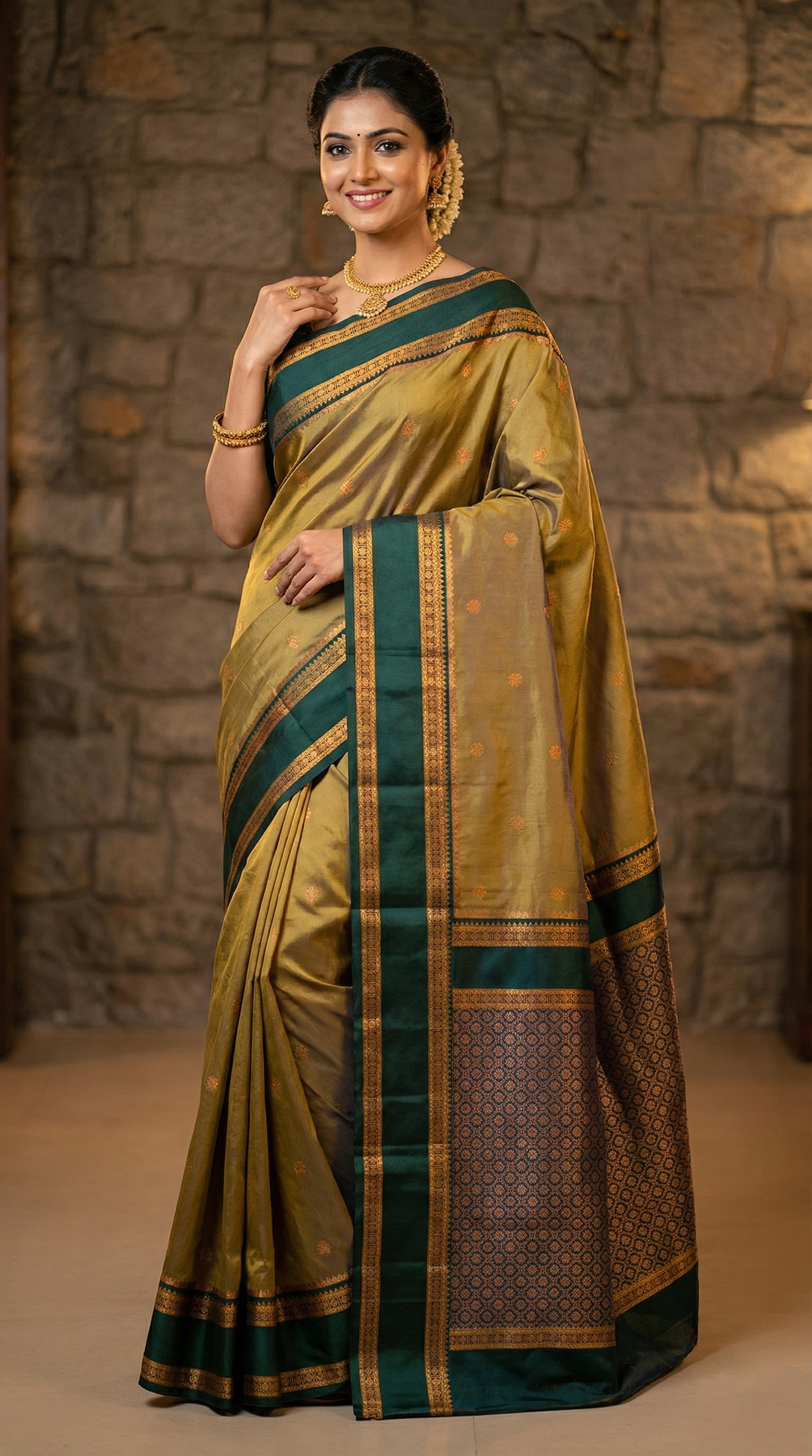 Olive Gold & Green Narayan Peth Soft Silk Saree