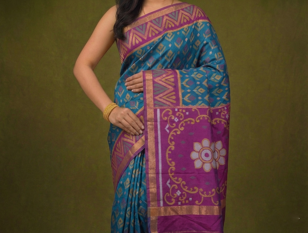 PIK-003 – Royal Blue & Magenta Pochampally Ikkat Silk Saree