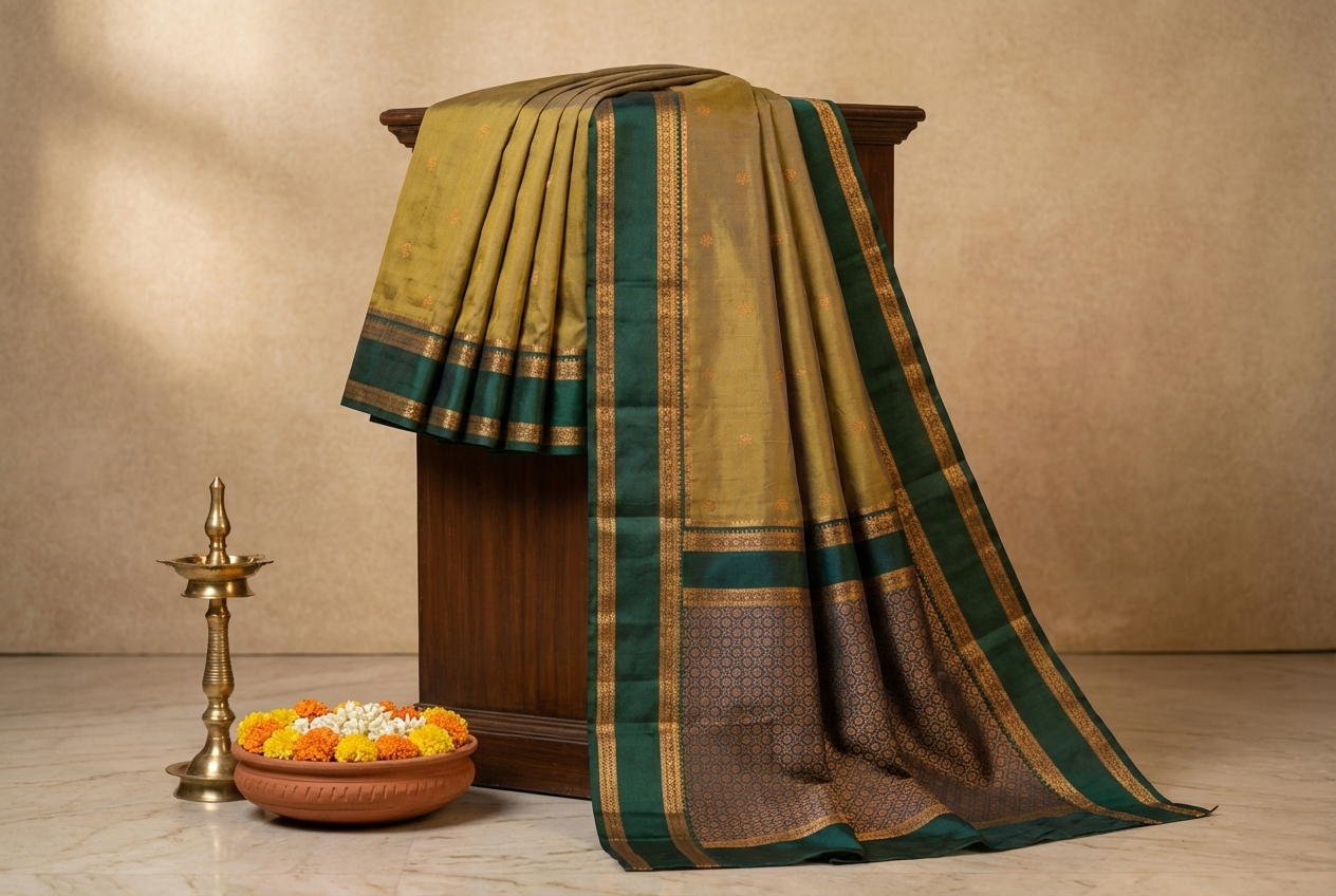 Olive Gold & Green Narayan Peth Soft Silk Saree