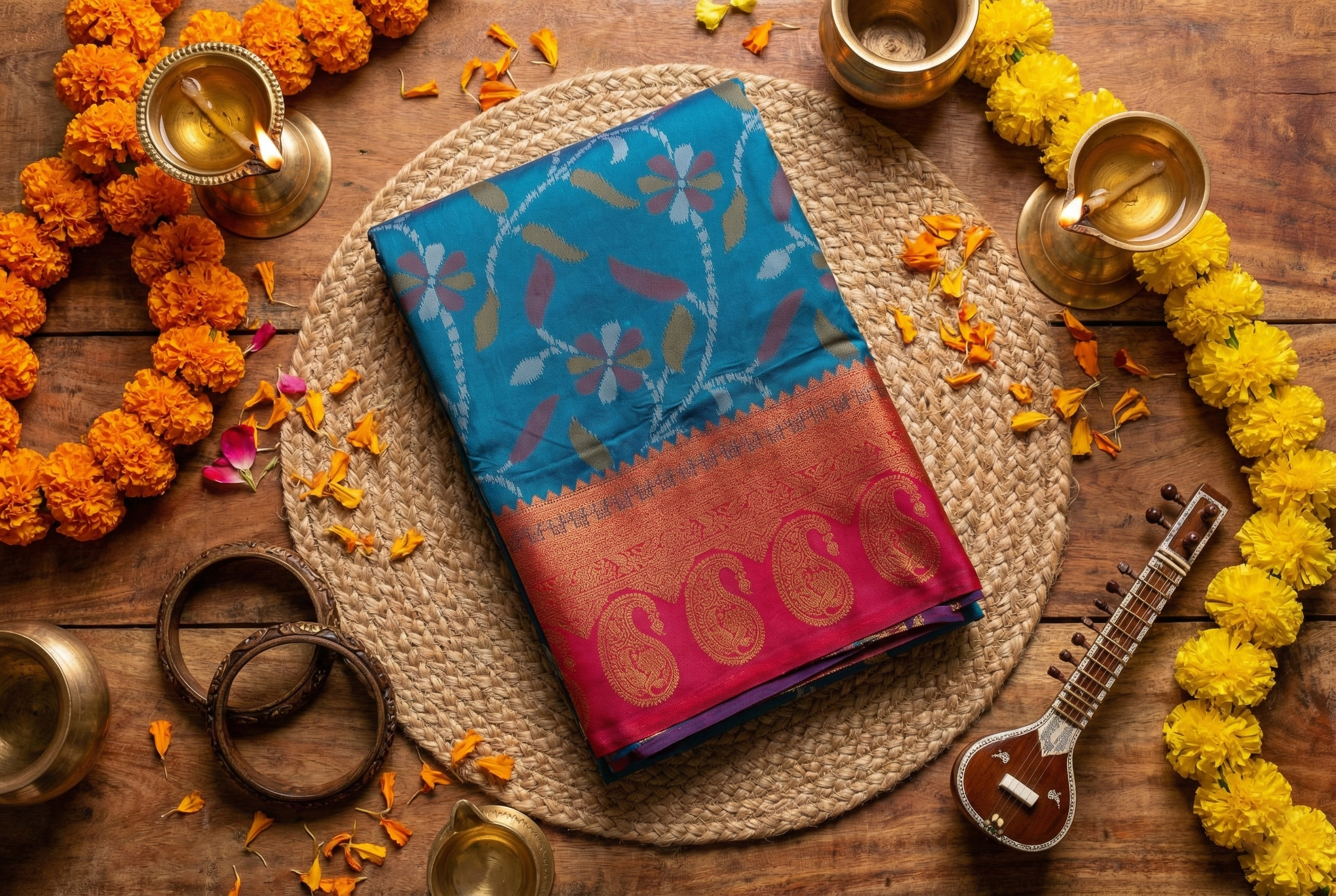 Deep Teal & Crimson Ikkat Woven Soft Silk Saree
