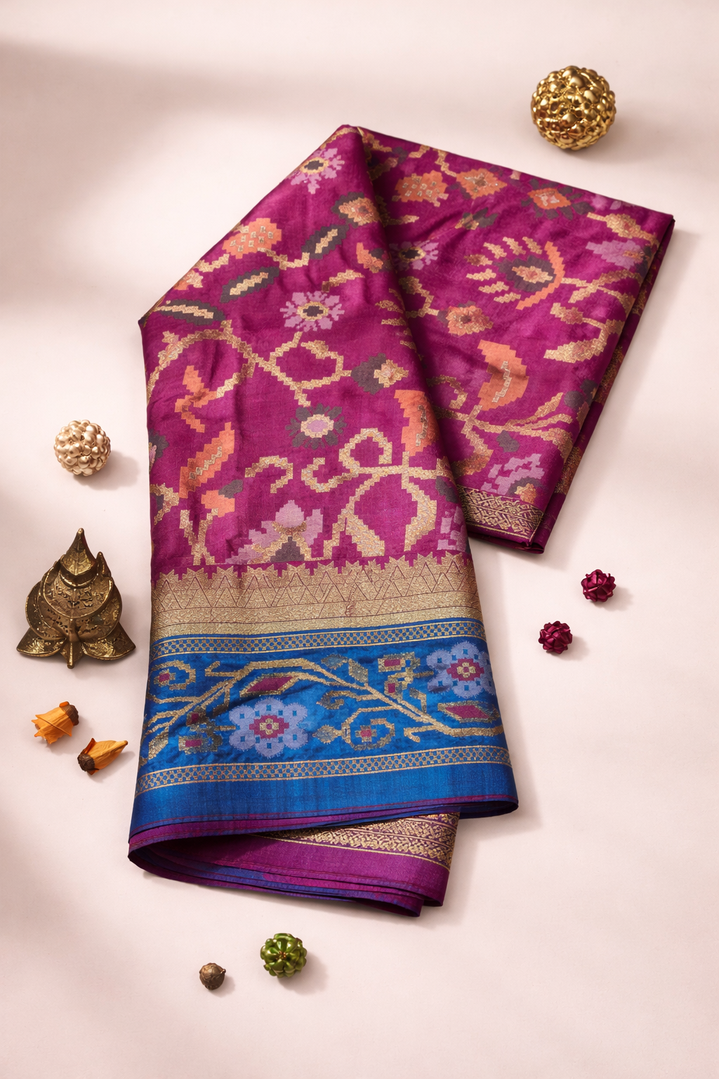 Rani Pink & Blue Border Pochampally Ikat Soft Silk Saree
