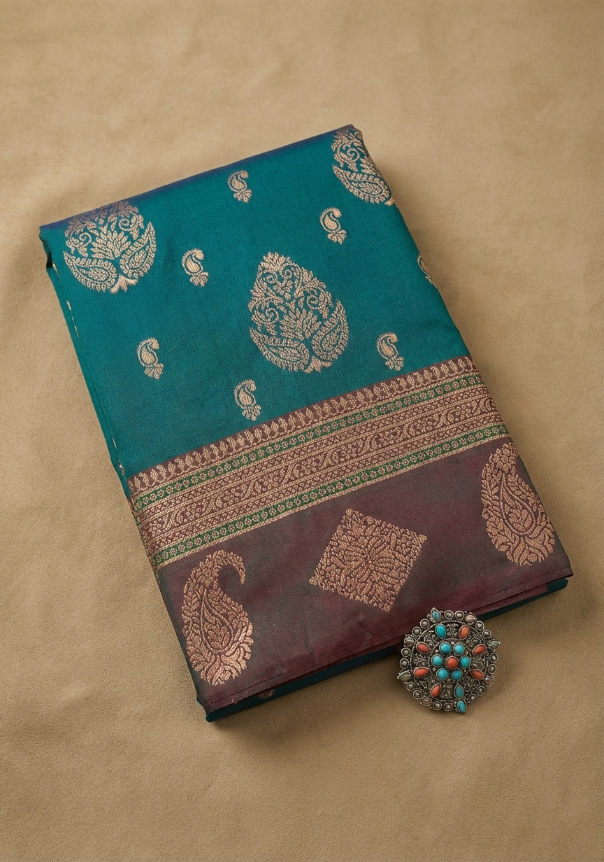 Teal Blue & Purple Resham Silk Saree With Zari Border - No. AA2602