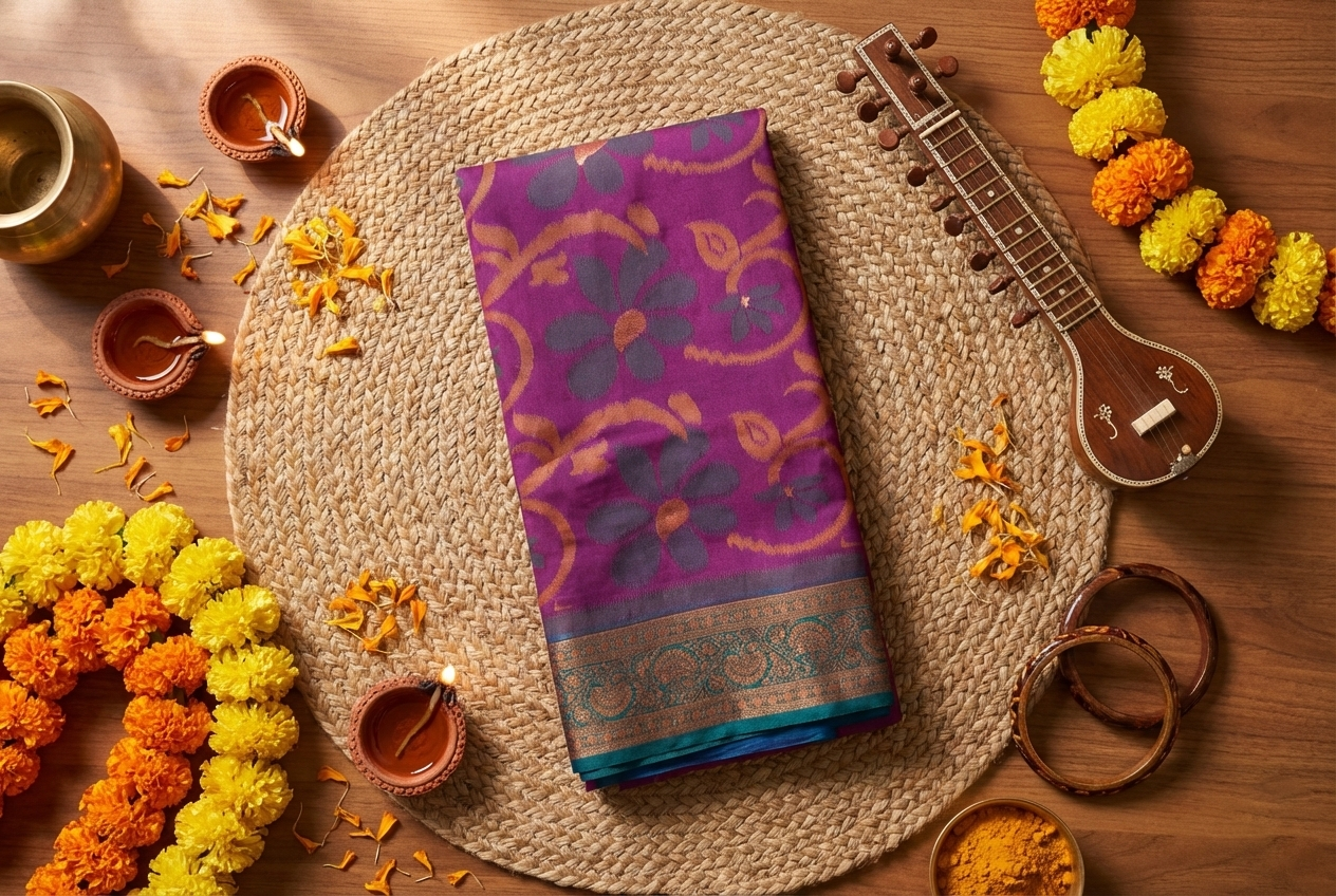 PI 08 Royal Purple & Teal Zari Floral Silk Saree