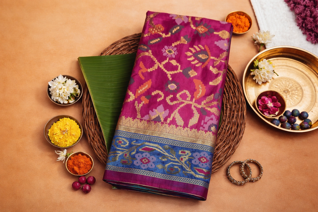 Rani Pink & Blue Border Pochampally Ikat Soft Silk Saree