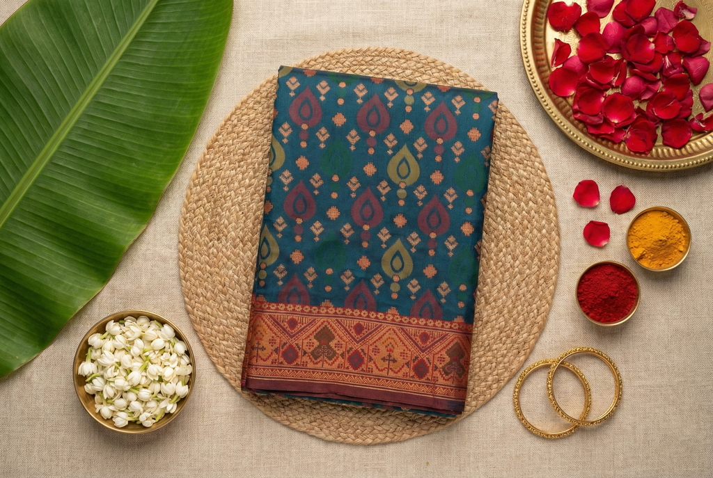 Royal Teal & Rust Pochampally Ikkat Silk Saree