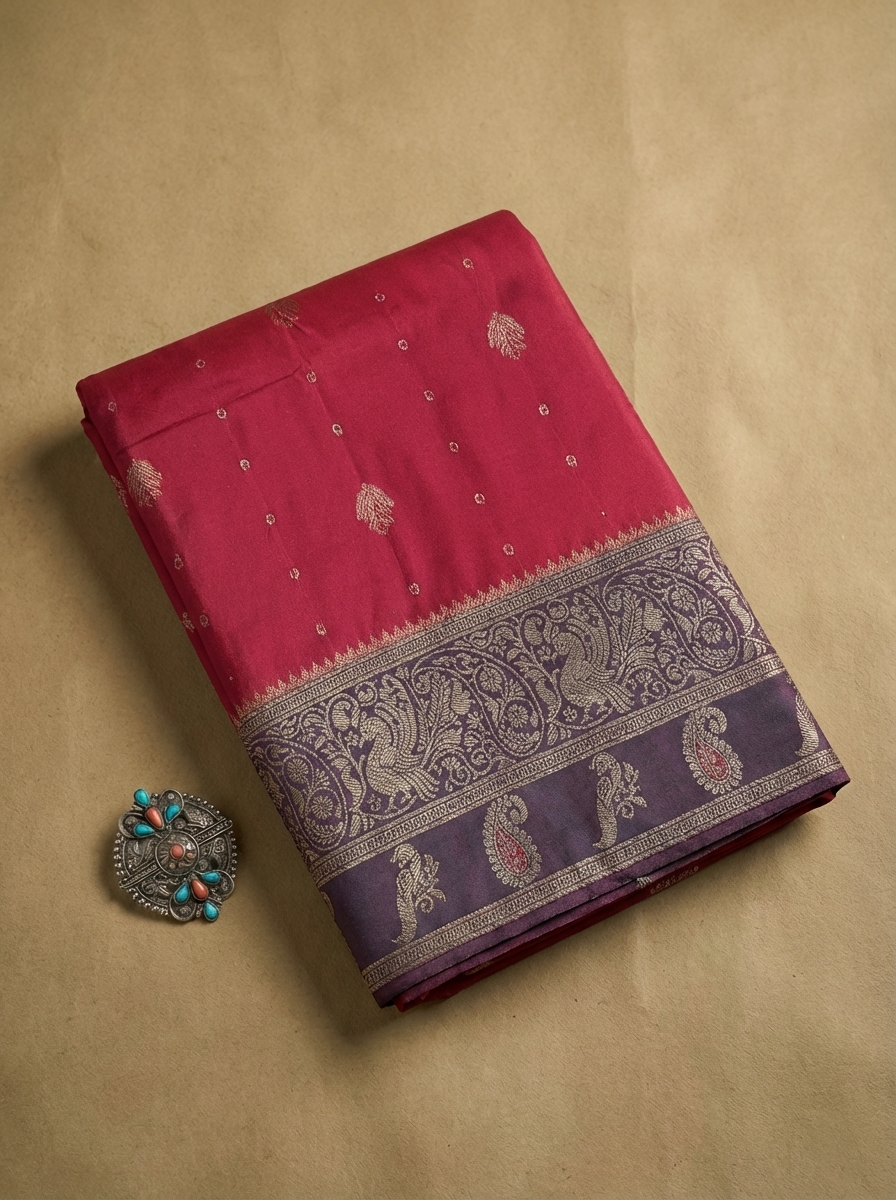 Vibrant Rani Pink Resham Silk Saree with Royal Zari Border