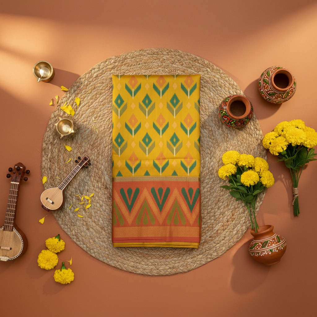 PIK-004 – Sunshine Yellow & Orange Pochampally Ikkat Silk Saree