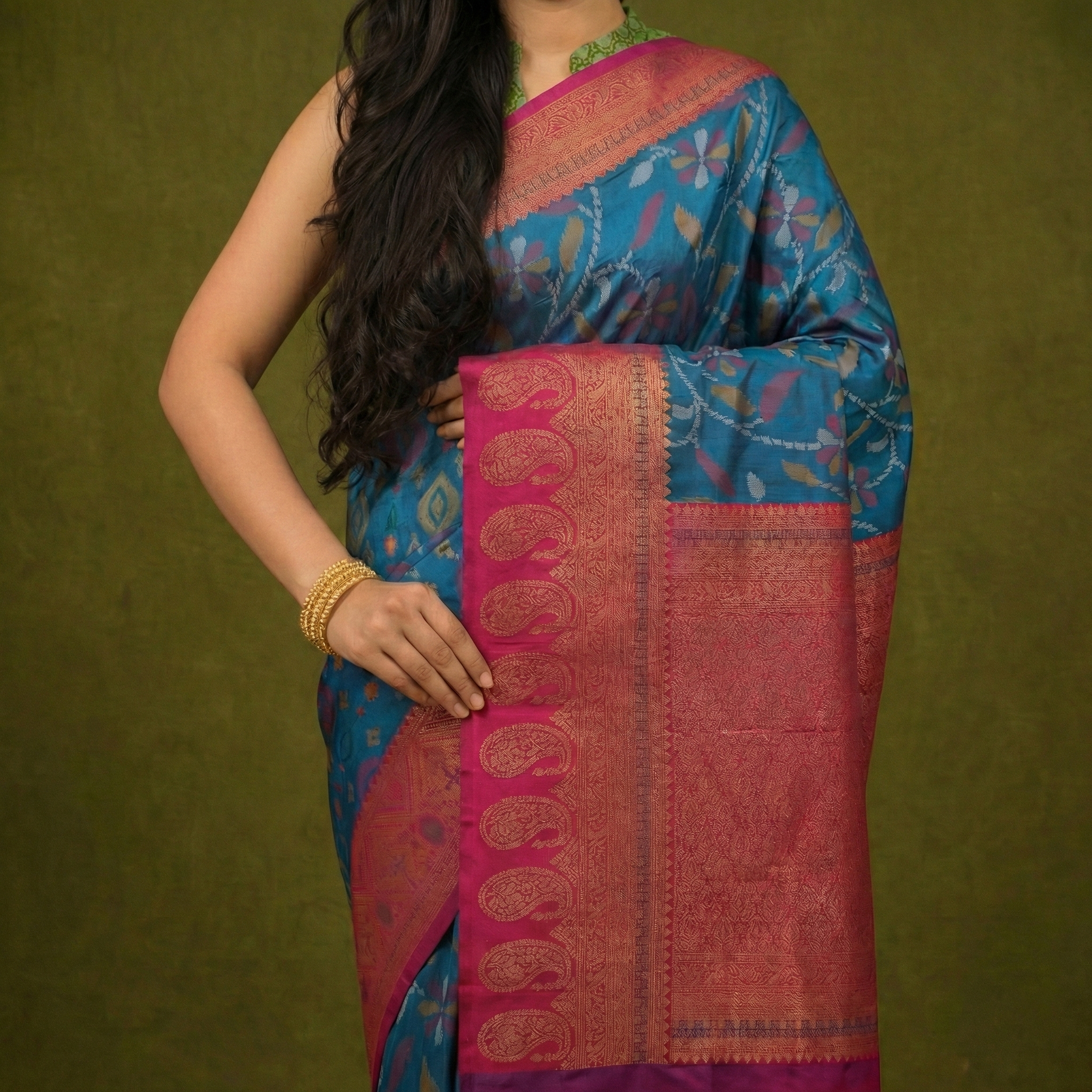 Deep Teal & Crimson Ikkat Woven Soft Silk Saree