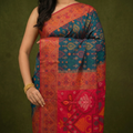 Royal Teal & Rust Pochampally Ikkat Silk Saree