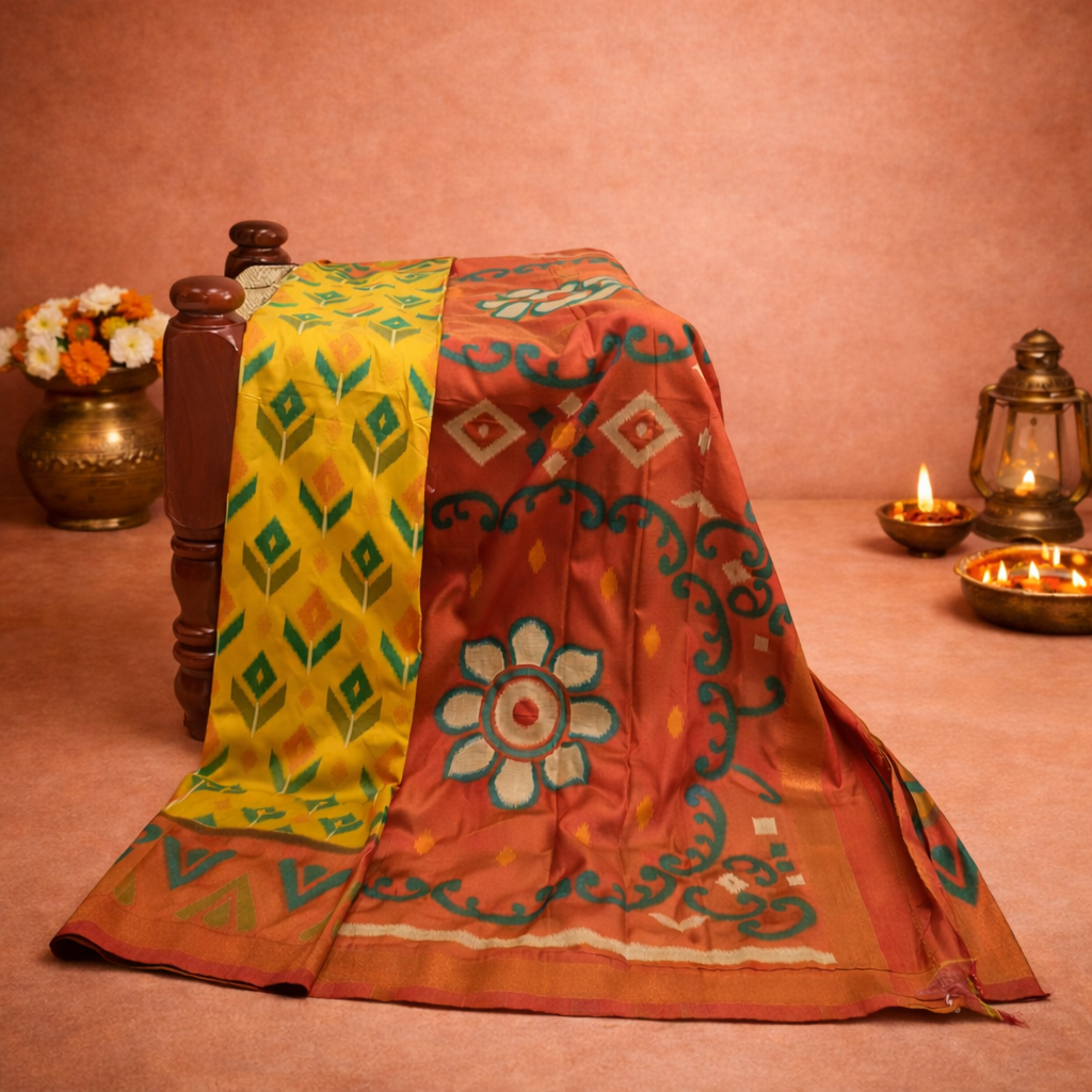 PIK-004 – Sunshine Yellow & Orange Pochampally Ikkat Silk Saree