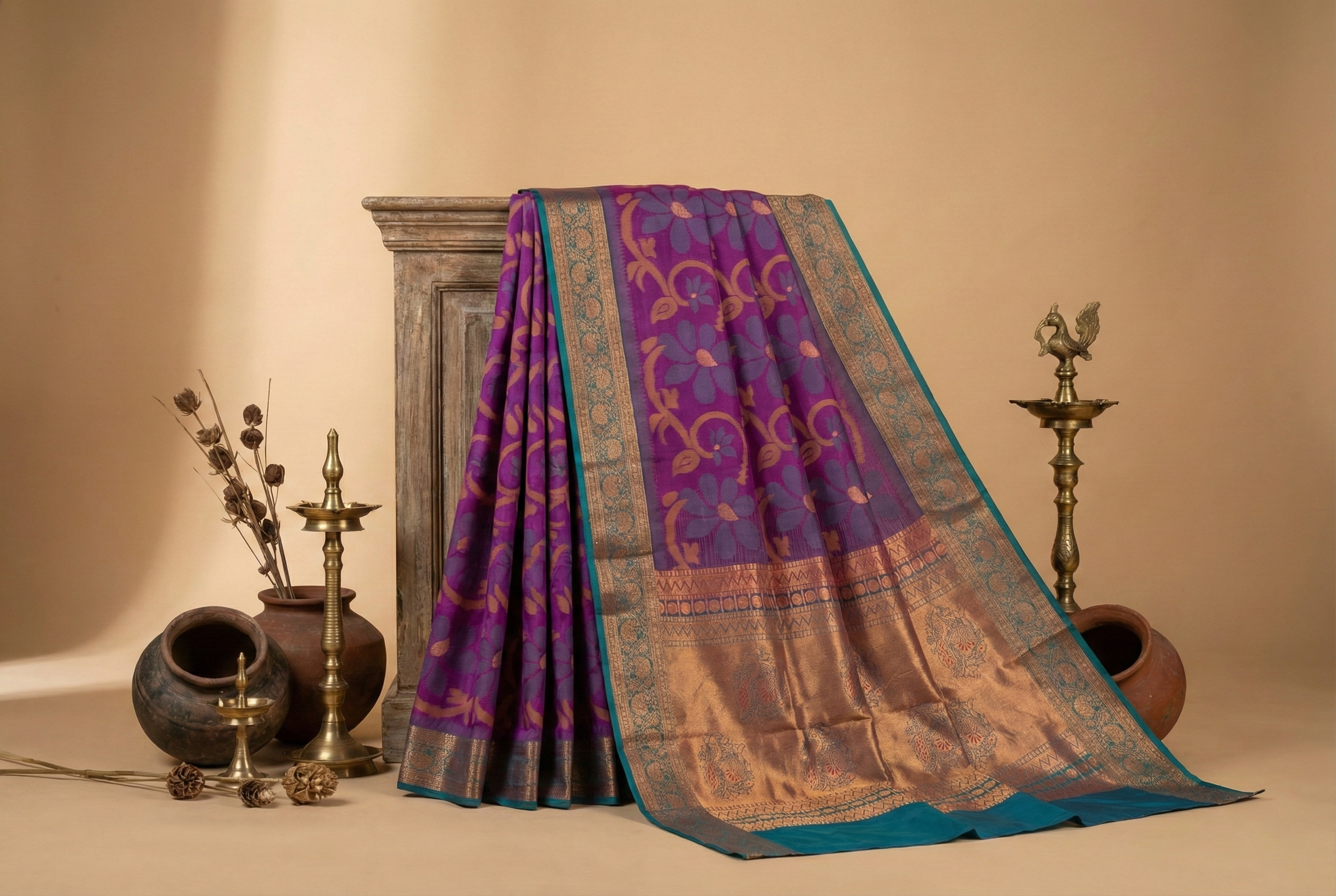 PI 08 Royal Purple & Teal Zari Floral Silk Saree