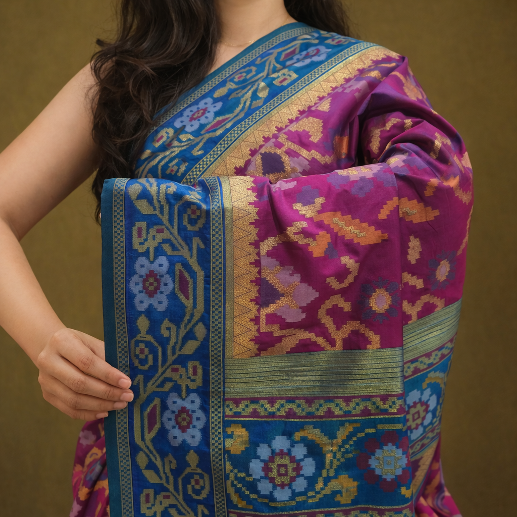 Rani Pink & Blue Border Pochampally Ikat Soft Silk Saree