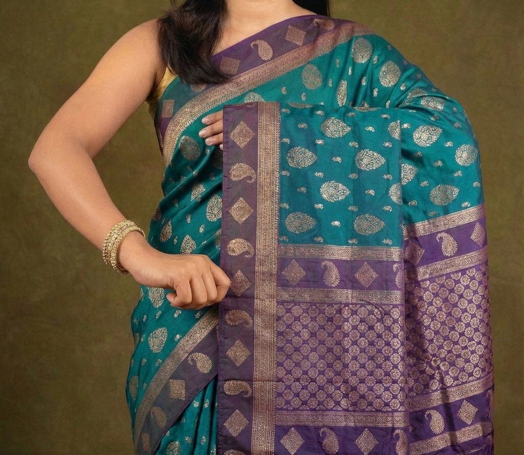 Teal Blue & Purple Resham Silk Saree With Zari Border - No. AA2602