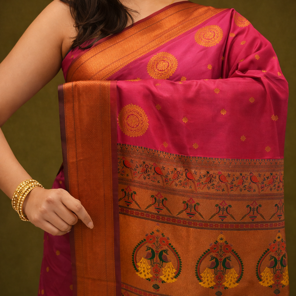 Rani Pink & Copper Paithani Soft Silk Saree