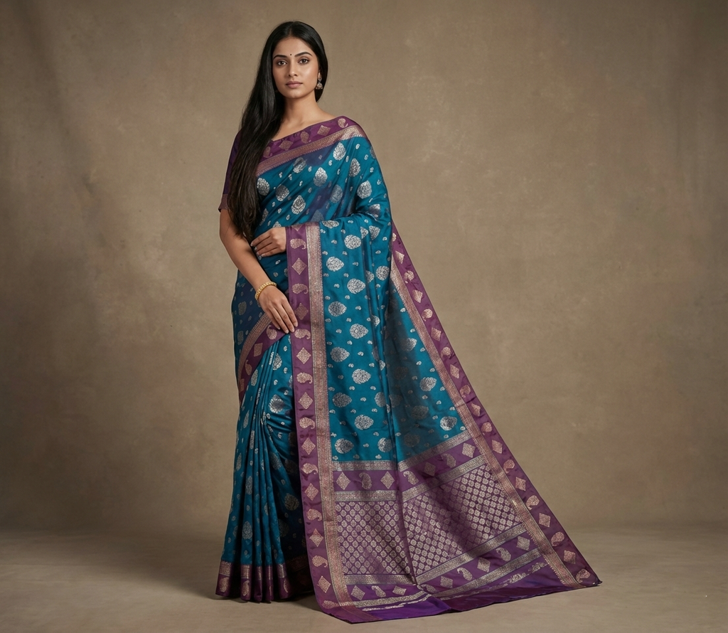 Teal Blue & Purple Resham Silk Saree With Zari Border - No. AA2602