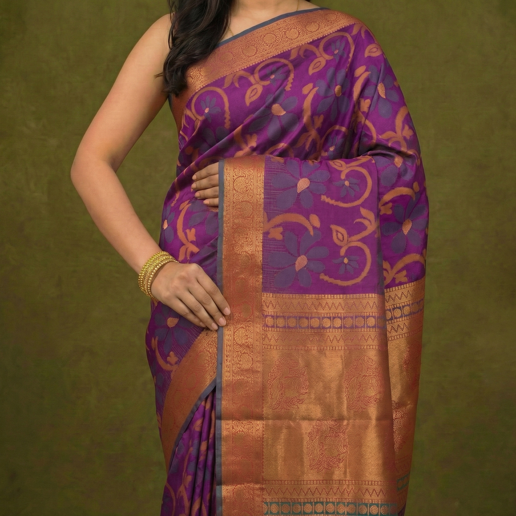 PI 08 Royal Purple & Teal Zari Floral Silk Saree