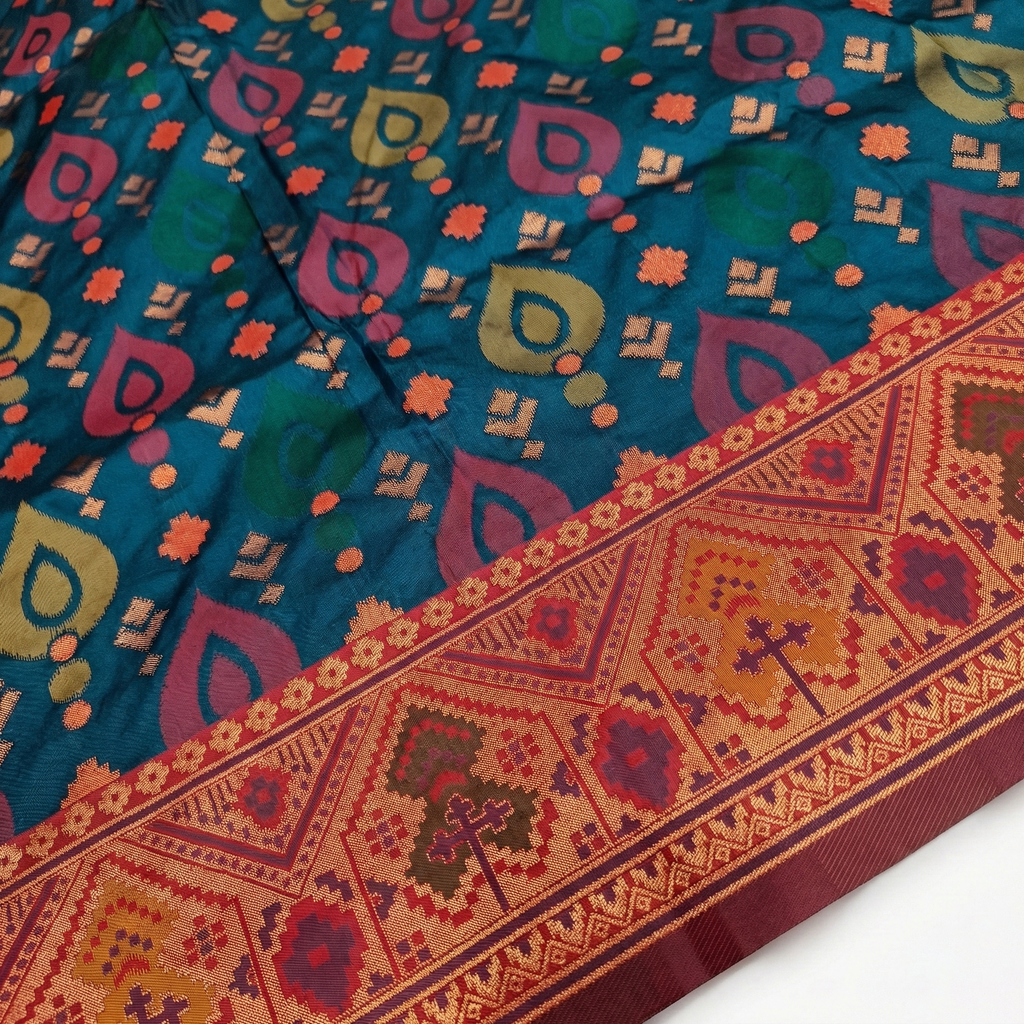 Royal Teal & Rust Pochampally Ikkat Silk Saree