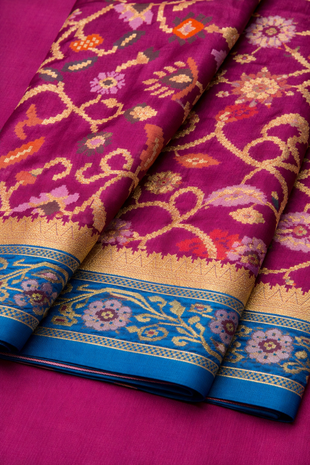 Rani Pink & Blue Border Pochampally Ikat Soft Silk Saree