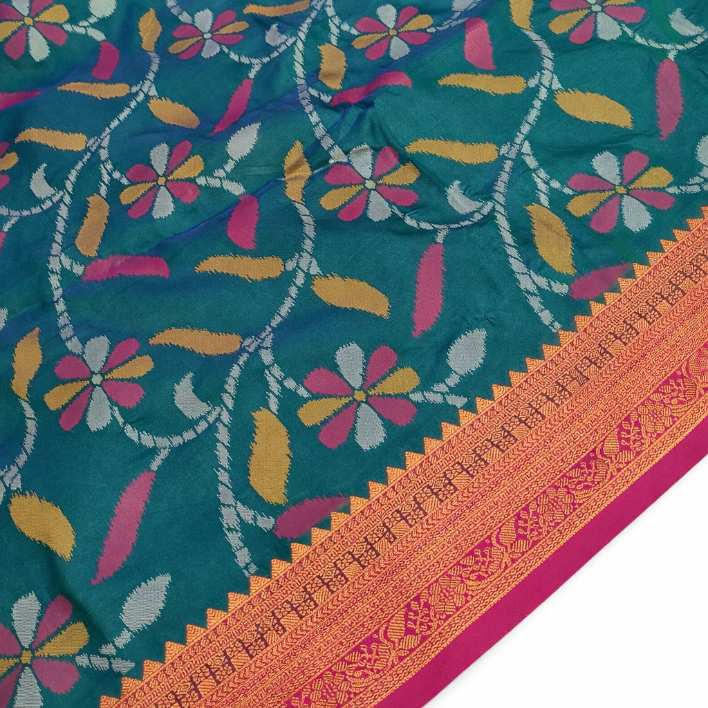 Deep Teal & Crimson Ikkat Woven Soft Silk Saree