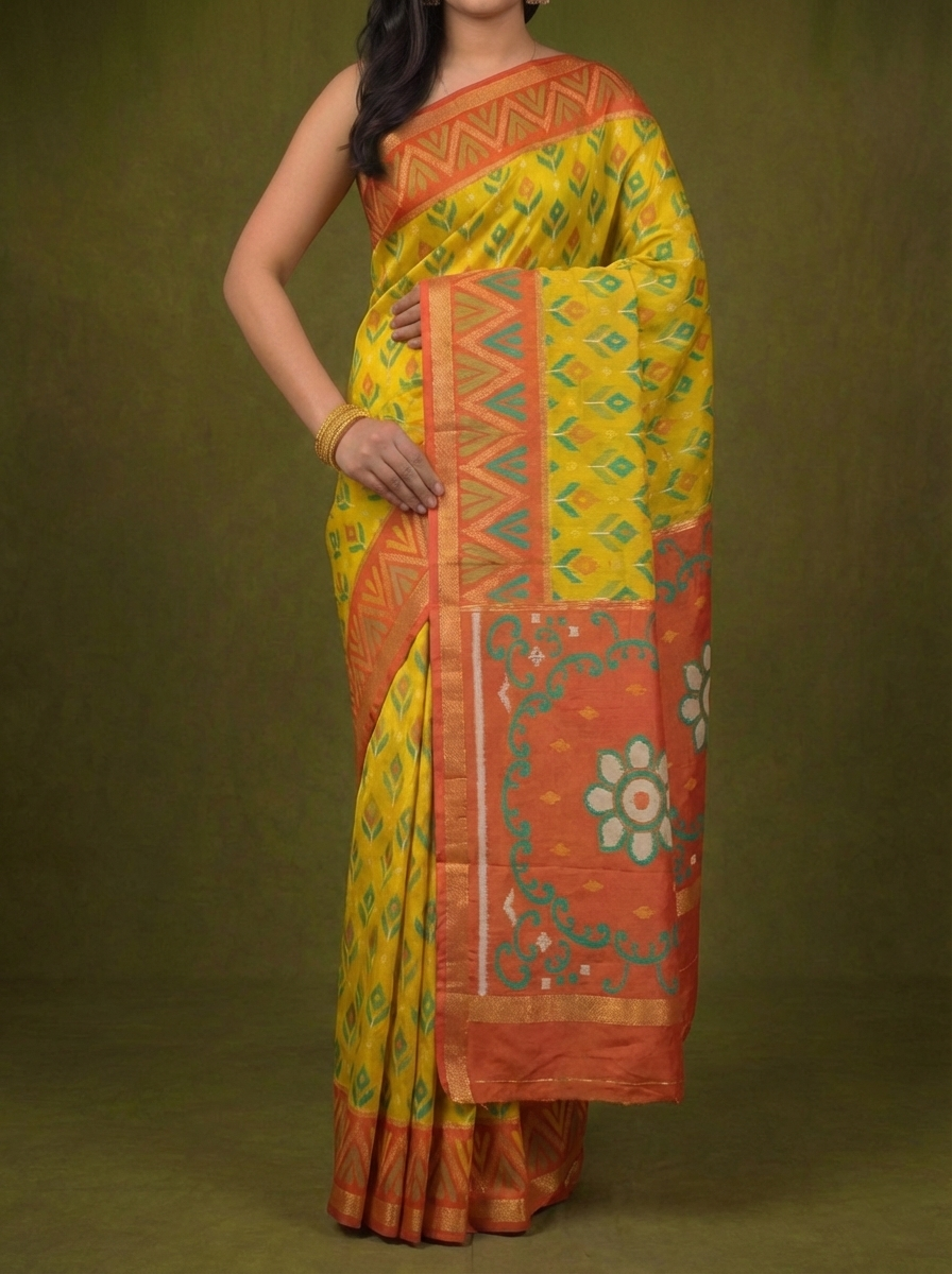 PIK-004 – Sunshine Yellow & Orange Pochampally Ikkat Silk Saree