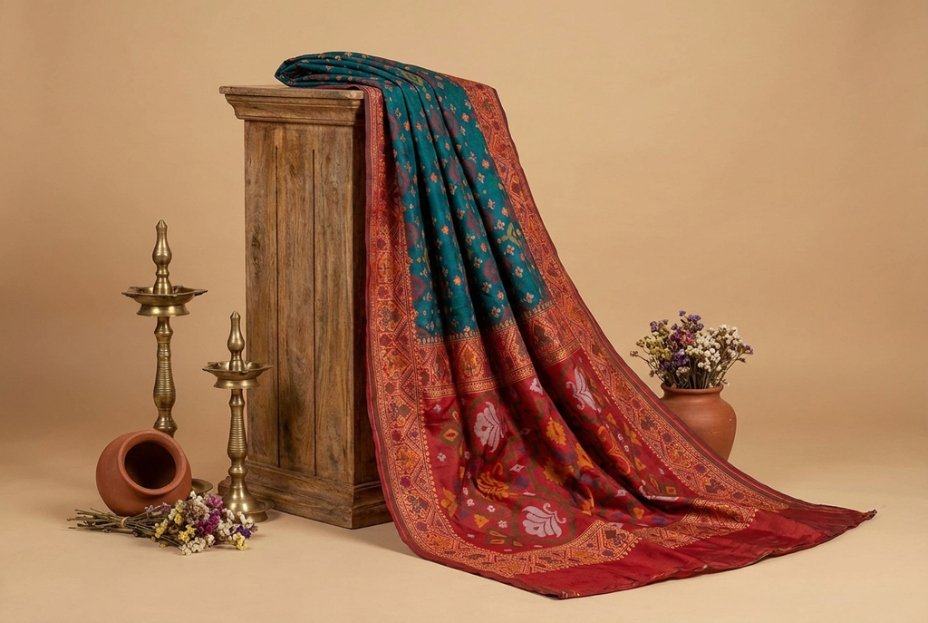 Royal Teal & Rust Pochampally Ikkat Silk Saree