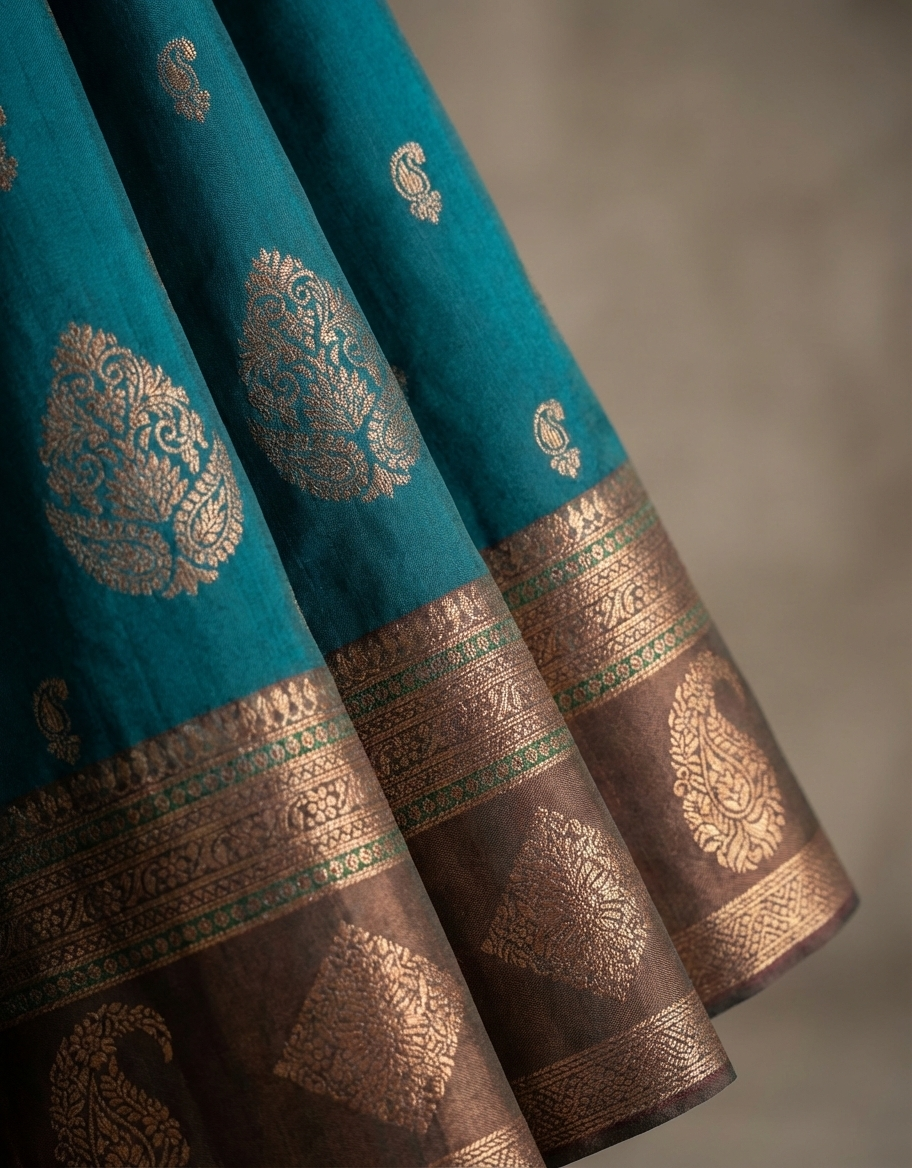 Teal Blue & Purple Resham Silk Saree With Zari Border - No. AA2602