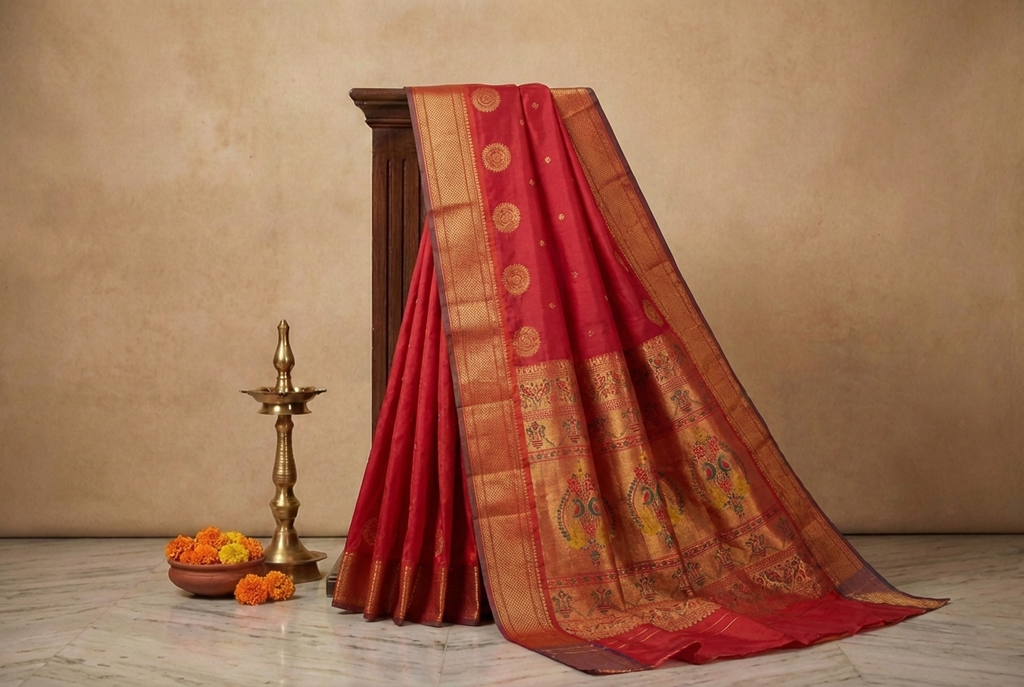 Rani Pink & Copper Paithani Soft Silk Saree